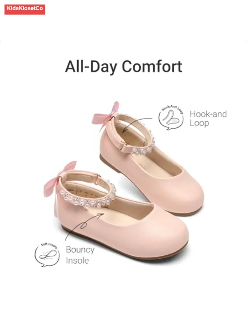 Toddler Girls Dress Shoes Mary Jane Ballet Flats with Pearl Ankle Strap & Satin